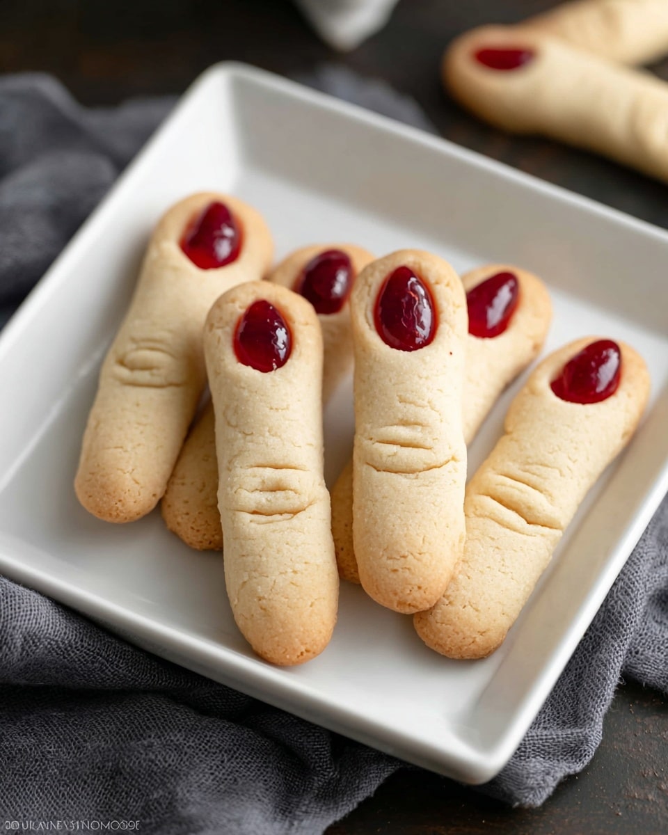 The image shows five cookies shaped like fingers on a white square plate. Each cookie is a light tan color with three small lines near the middle, making them look like finger joints. On one end of each cookie, there is a whole almond placed like a fingernail, attached with a ring of red jelly around the base of the almond. The cookies are arranged side by side, and the plate sits on a dark surface with a gray cloth nearby. photo taken with an iphone --ar 4:5 --v 7