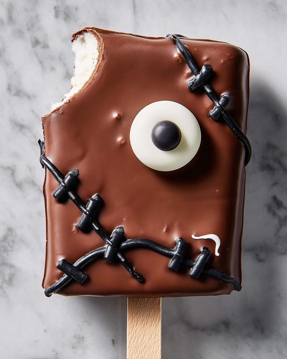 Three square ice cream bars covered in milk chocolate are placed on a white marbled surface. Each bar has black icing shaped like stitches running vertically and diagonally across the front, resembling a Frankenstein face. A single white candy eye with a black dot is on one side of each bar. The bars are attached to light wooden sticks, and one bar has a bite taken out of its top left corner, showing white ice cream inside. Photo taken with an iphone --ar 4:5 --v 7