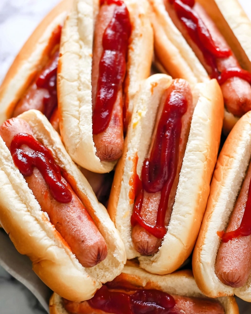 A close-up view of several hot dogs in soft white buns arranged tightly on a white marbled surface. Each hot dog has a smooth, brown sausage placed in the middle of the bun with generous servings of bright red ketchup spread along one side inside the bun. The buns are slightly cracked but soft, and the sausages have a smooth texture with visible light grill marks. The hot dogs are packed in a way that their ends overlap slightly. Photo taken with an iphone --ar 4:5 --v 7