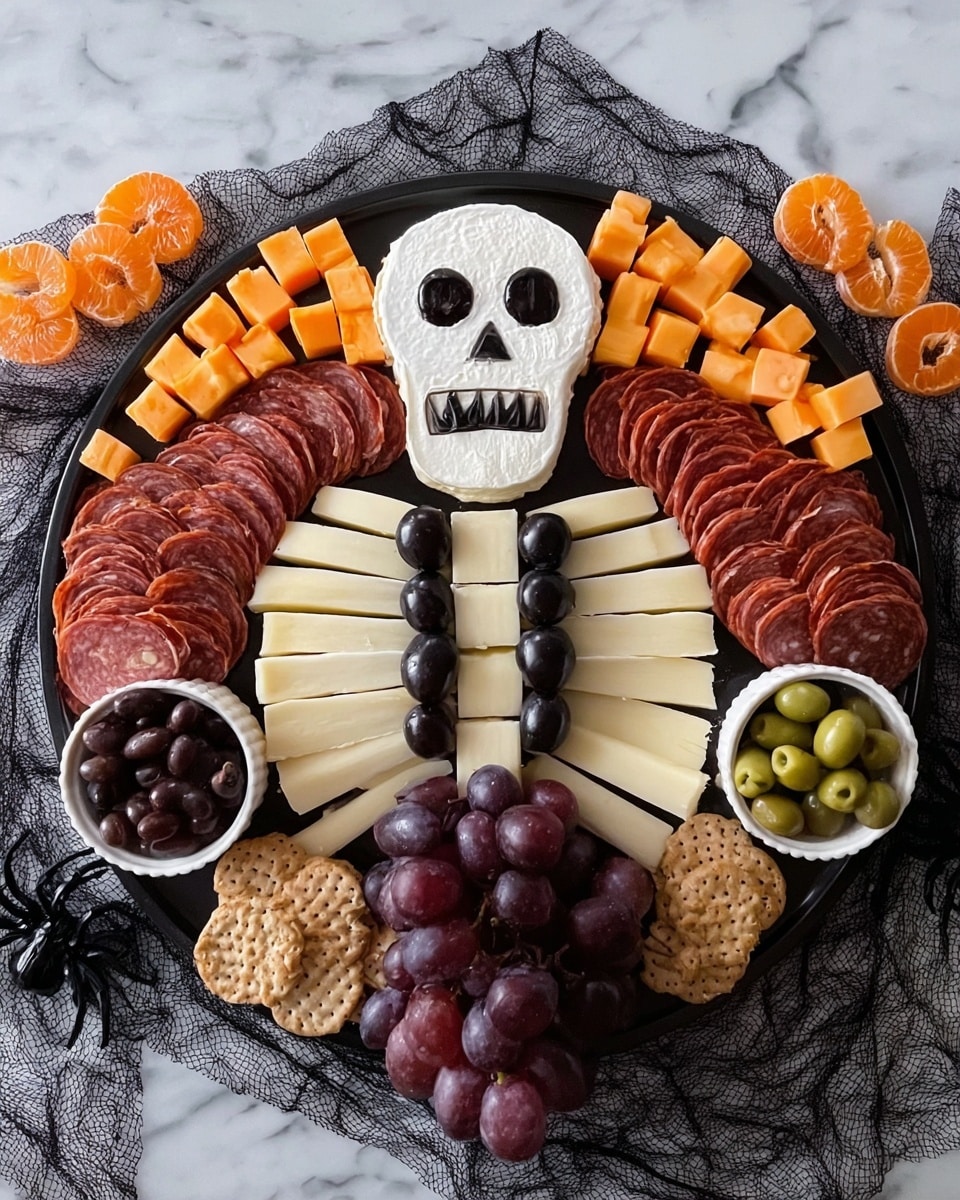 A white platter on a white marbled surface is arranged to look like a skeleton. The top layer is a skull made from white cheese with holes for eyes and a nose, and a small row of dark olives at the mouth forming teeth. Below the skull, the neck is made of small white cheese slices stacked. The ribs are made of long slices of pale yellow cheese fanned out on each side. On the ribs, rows of thinly folded red meat are placed in two lines. Cheddar cheese cubes in bright orange are placed on each side of the skull. Clusters of dark purple grapes are near the cheese cubes and at the bottom left corner. Round slices of red pepperoni encircle the top half of the platter. Small white bowls with black and green olives and round crackers are also on the platter. Photo taken with an iphone --ar 4:5 --v 7