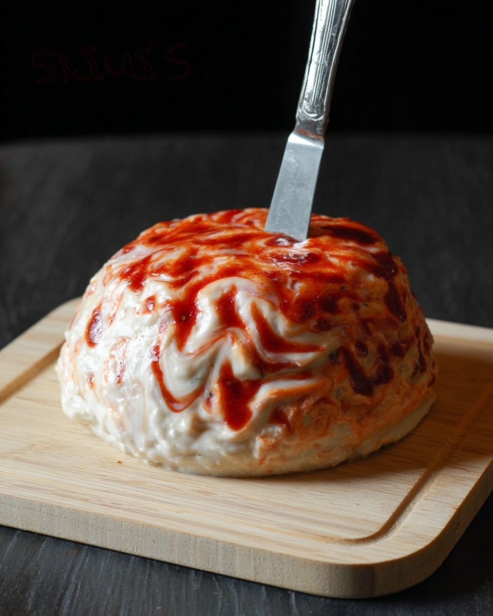 The image shows a round, baked dish with a golden-brown crust and some browned spots on top, placed on a light wooden board over a white marbled surface. A piece of the dish is broken off, showing a creamy, white filling with visible small green bits inside. A silver knife with some of the creamy filling on its blade rests on the board close to the broken part. A woman's hand is reaching in from the side. The scene has soft, natural lighting, giving a cozy and inviting feel. photo taken with an iphone --ar 4:5 --v 7
