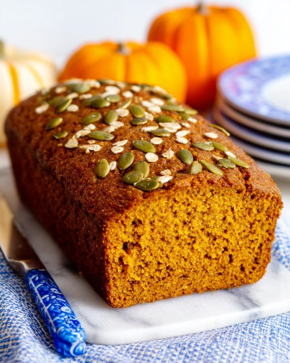 A loaf of golden brown pumpkin bread with a soft, moist texture is placed on a white marbled surface. The top layer is covered with green pumpkin seeds and some white oats, adding a rough texture and extra crunch. The bread loaf is whole with one side visible, showing a dense but tender crumb inside. Behind it, there are two small orange pumpkins and a small pile of white plates with blue patterns on them. A blue and white cloth with a simple checkered pattern lies beneath the bread, and a knife with a blue and white handle is placed nearby. photo taken with an iphone --ar 4:5 --v 7