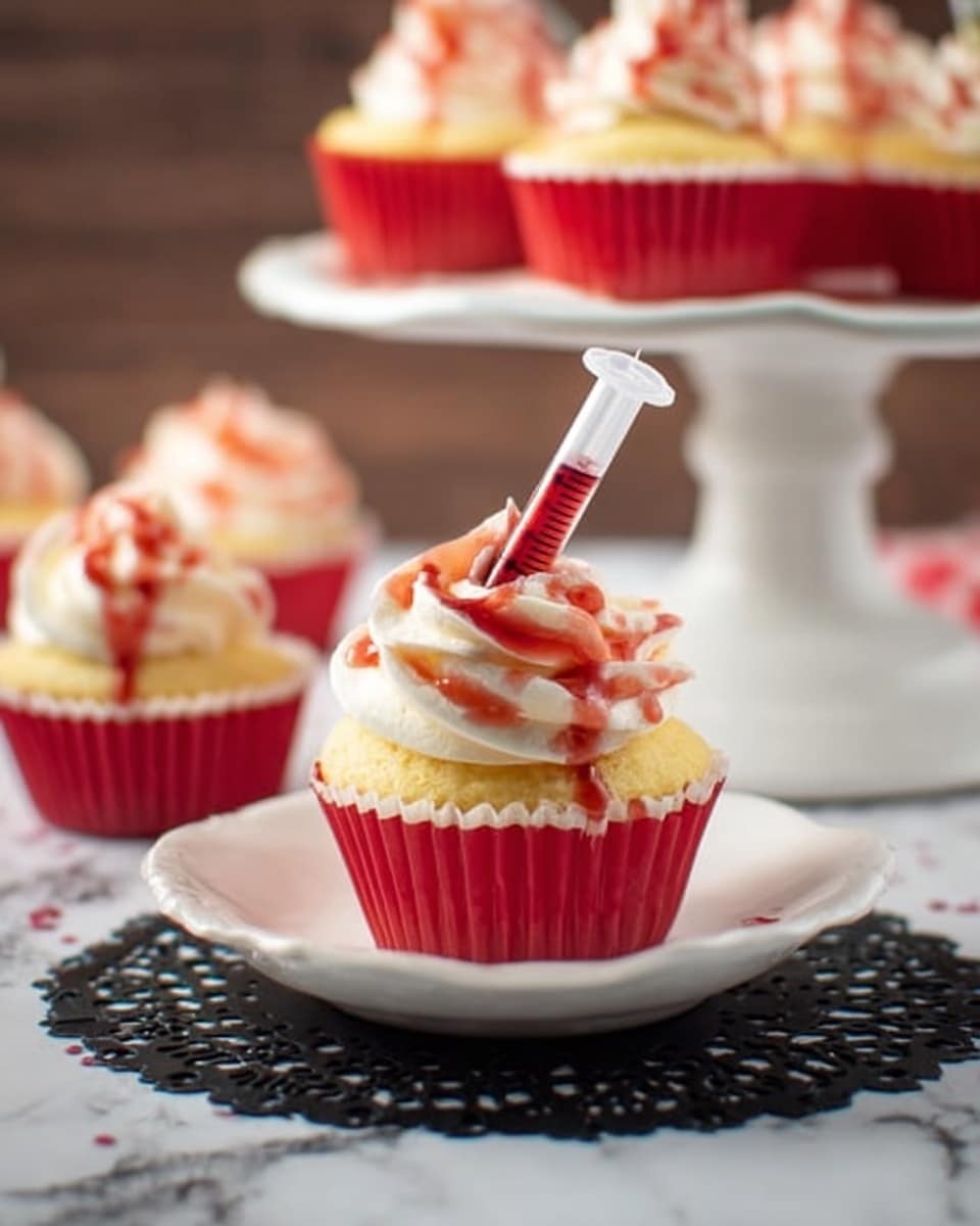 A single cupcake sits at the center of a white plate on a black doily over a white marbled surface. The cupcake has a red paper liner and a light yellow cake base. On top, there is a thick swirl of white cream with red syrup drizzled over it. A small syringe filled with red syrup is inserted into the cream on the cupcake. In the background, several similar cupcakes are arranged on a white cake stand. Photo taken with an iphone --ar 4:5 --v 7
