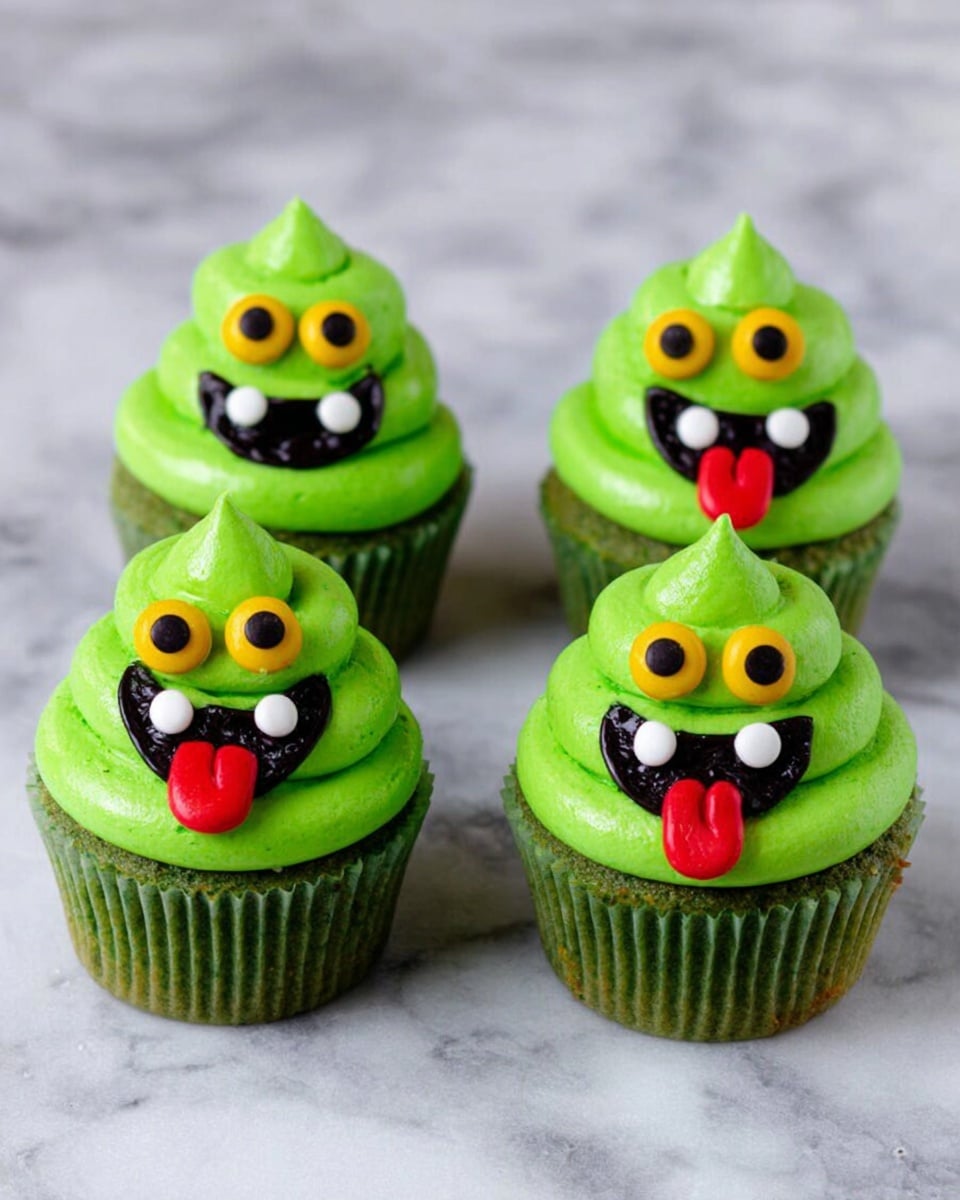 The image shows six cupcakes on a white marbled surface, with one cupcake placed on a small white cake stand with a light wooden base in the center. Each cupcake has a green wrapper and bright green frosting swirled to form a tall peak resembling a soft serve swirl. On top of the green frosting, there is a black circle base with two yellow eyes made from candy or frosting, small white teeth, and a red tongue sticking out, giving the cupcakes a playful face. The background includes blurred green objects, possibly limes, and kitchen items with a woman’s hand reaching toward one cupcake on the left side. Photo taken with an iphone --ar 4:5 --v 7