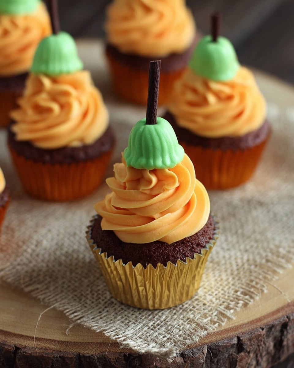 A single cupcake is shown with a silver foil wrapper. The cupcake base is dark brown, hinting at chocolate flavor. On top, there is a tall swirl of frosting made of two colors: orange and pale yellow, twisted together in a smooth, soft texture with pointed peaks. The cupcake sits on a dark, shiny surface that reflects the cupcake's shape. In the background, there are blurry spots of similar cupcakes. photo taken with an iphone --ar 4:5 --v 7