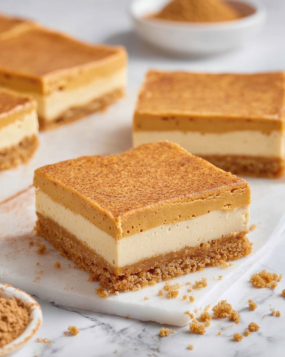 The image shows square dessert bars with three distinct layers on a white marbled surface. The bottom layer is a crumbly, textured golden-brown crust. The middle layer is smooth, creamy, and pale beige in color, forming a thin even sheet. The top layer is thicker, with a light orange-brown tone and a slightly airy texture with tiny air bubbles visible. Some crumbs are scattered around the bars, emphasizing the crumbly base. In the background, parts of more dessert bars and a white bowl with a brown powder can be seen, all on the same white marbled surface. photo taken with an iphone --ar 4:5 --v 7