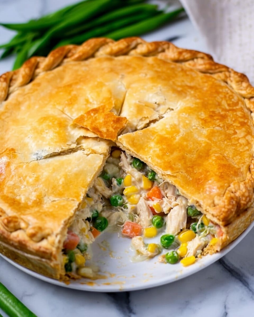 The image shows a round chicken pot pie with a golden-brown, flaky crust on top, which is slightly cracked at the edges. The crust has a braided pattern around the rim. One wedge of the pie is removed, revealing the inside layers: a creamy filling with white chicken pieces, bright green peas, yellow corn, orange carrot bits, and small green beans, all mixed together. The pie sits on a white plate that contrasts with a white marbled surface below. There are fresh green beans in the background, adding a splash of green to the scene. The photo taken with an iphone --ar 4:5 --v 7
