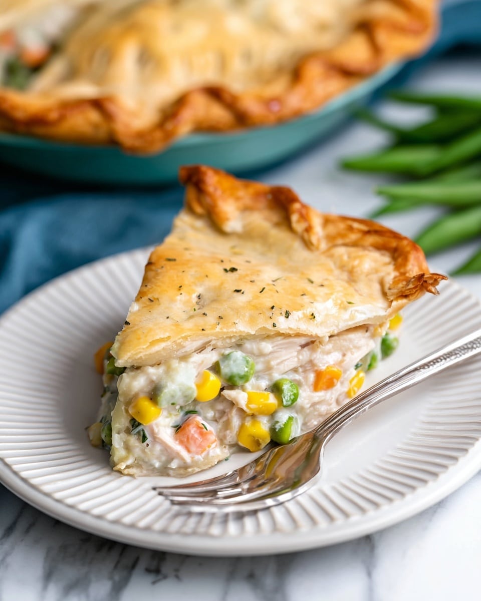 A slice of creamy mixed vegetable pot pie sits on a white plate with gentle ridges. The pot pie has three visible layers: a golden-brown flaky crust on top with a slightly cracked texture, a thick middle layer of creamy sauce with visible chunks of soft white vegetables, and a blend of bright orange carrots, green peas, and yellow corn at the bottom. Small bits of green garnish are scattered on the crust and plate, all set on a white marbled surface. photo taken with an iphone --ar 4:5 --v 7