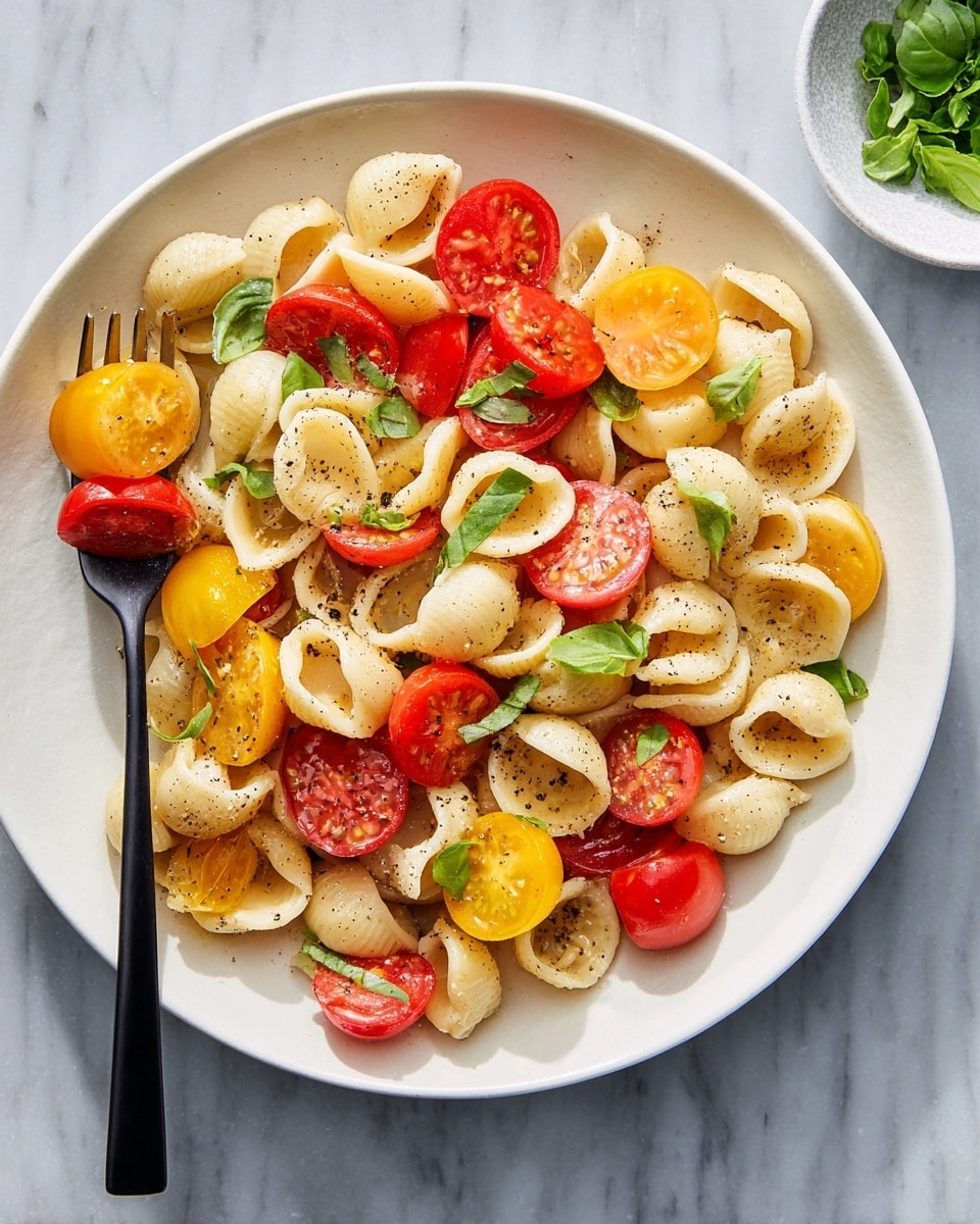 A white plate filled with a single layer of small pasta shells mixed with halved red and yellow cherry tomatoes. Scattered green basil leaves add contrast, and the dish is lightly sprinkled with black pepper. A black fork rests on the left side of the plate, holding some pasta and tomatoes. The plate is set on a white marbled surface. Photo taken with an iphone --ar 4:5 --v 7