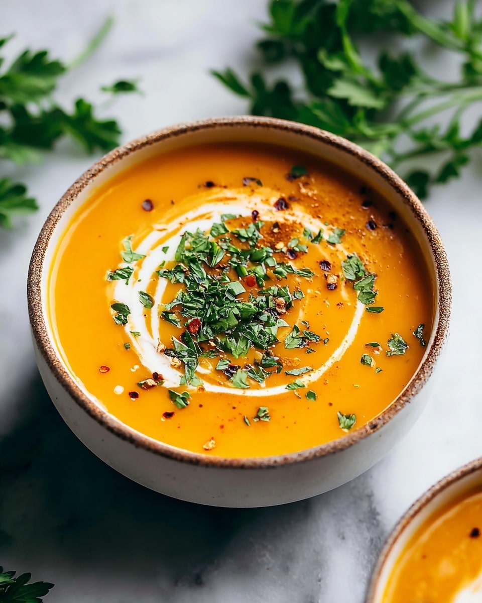 A white bowl filled with smooth orange soup topped with a line of green herbs and small red flakes placed diagonally across the surface. The soup has a creamy texture with a shiny finish. The bowl is held by a woman's hands with red nail polish and wearing a dark blue sweater. Around the bowl are two pieces of seeded bread, a small white bowl filled with green chopped herbs, and a halved pumpkin showing its seeds. The setting is on a white marbled surface with a gray cloth partially visible. Photo taken with an iphone --ar 4:5 --v 7