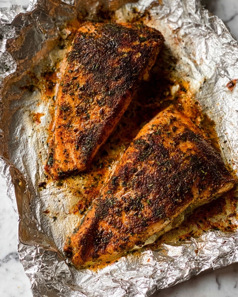 Two large pieces of cooked fish fillets sit on crumpled aluminum foil. Each fillet has a rough, dark brown crust with visible herbs and seasoning spread evenly on top. The fish flesh beneath the crust has a warm, light orange color. The foil underneath shows browned spots and caramelized bits from cooking, adding texture to the scene. The background is a white marbled surface. photo taken with an iphone --ar 4:5 --v 7