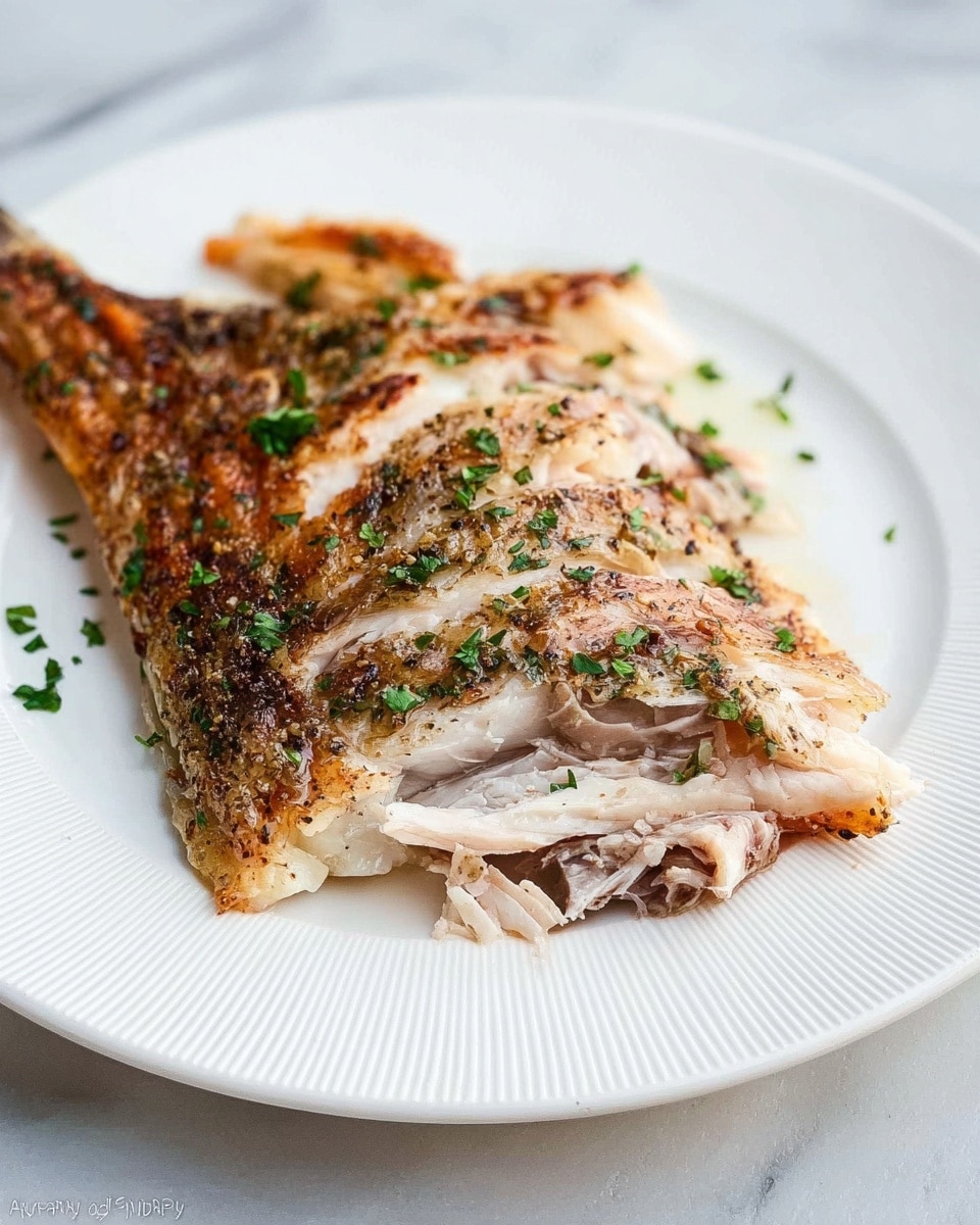 The image shows a large piece of cooked fish on a white plate with ridged edges, placed on a white marbled surface. The fish has a crispy, golden-brown outer skin with visible black and green seasoning specks. The inside layers of the fish are tender and moist with a light pinkish-beige color, showing flaky texture. Tiny green herb pieces are scattered on the plate and on top of the fish, adding contrast to the dish. Photo taken with an iphone --ar 4:5 --v 7