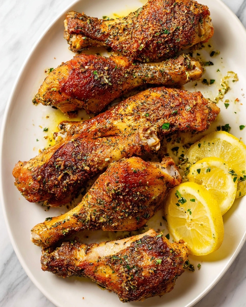 A close-up view of a white plate filled with several golden-brown, well-seasoned chicken drumsticks and wings, each with a crispy skin covered in small black and green herb flakes, arranged in overlapping layers. The chicken pieces have a slightly textured surface with some charred spots. On the side of the plate, there are thin lemon slices adding a touch of bright yellow contrast. The plate is set on a white marbled surface with a slight sheen from the olive oil drizzled around the chicken. photo taken with an iphone --ar 4:5 --v 7