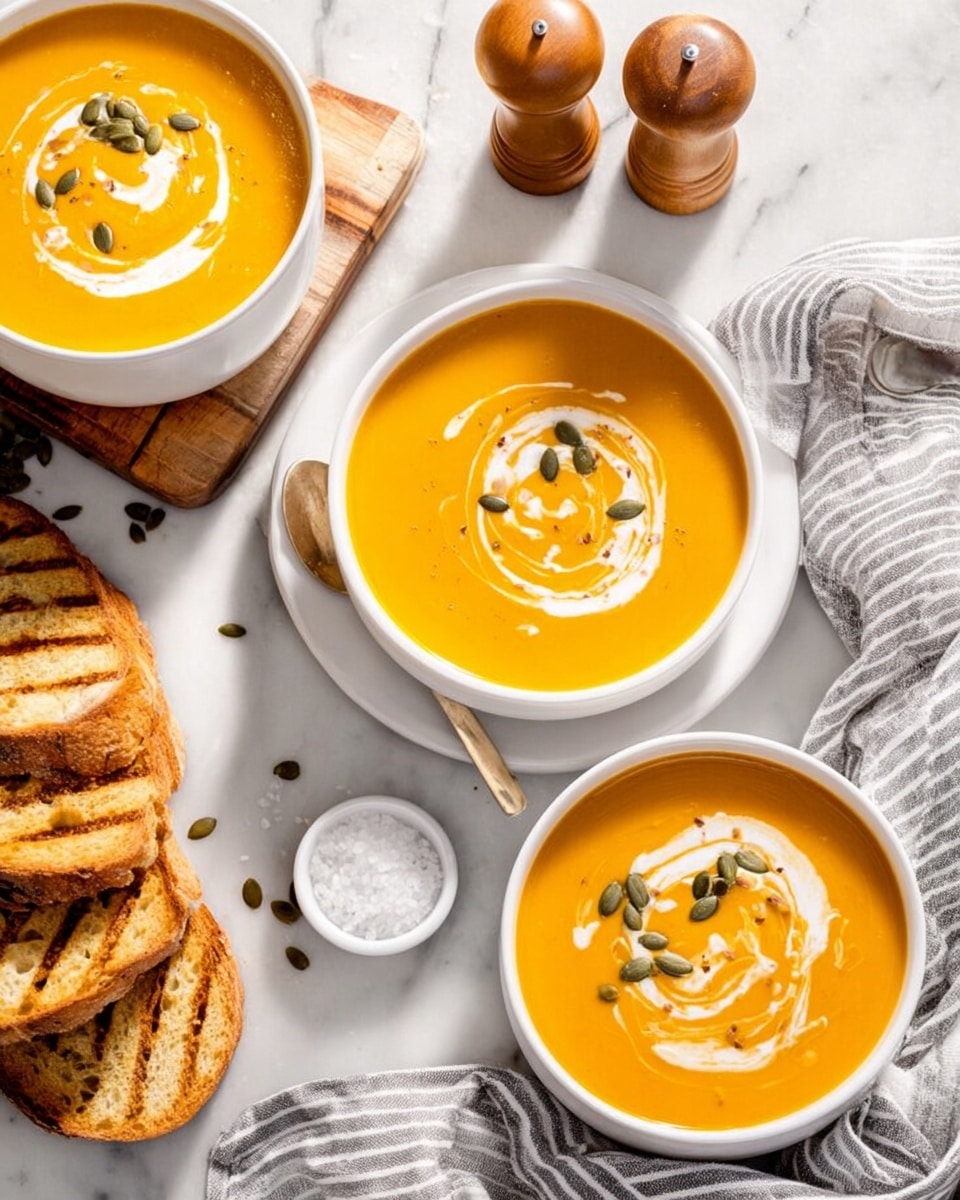 The image shows three white bowls filled with smooth, bright orange pumpkin soup, each bowl resting on a white plate. A swirl of white cream is gently spread on the top of each soup, forming a loose spiral pattern, with several green pumpkin seeds sprinkled in the center. Around the bowls, there are slices of toasted bread with clear grill marks, placed on a white marbled surface. A small white bowl of coarse salt, two wooden salt and pepper grinders, and a striped grey and white cloth are also visible nearby. The overall scene is brightly lit, clean, and cozy photo taken with an iphone --ar 4:5 --v 7