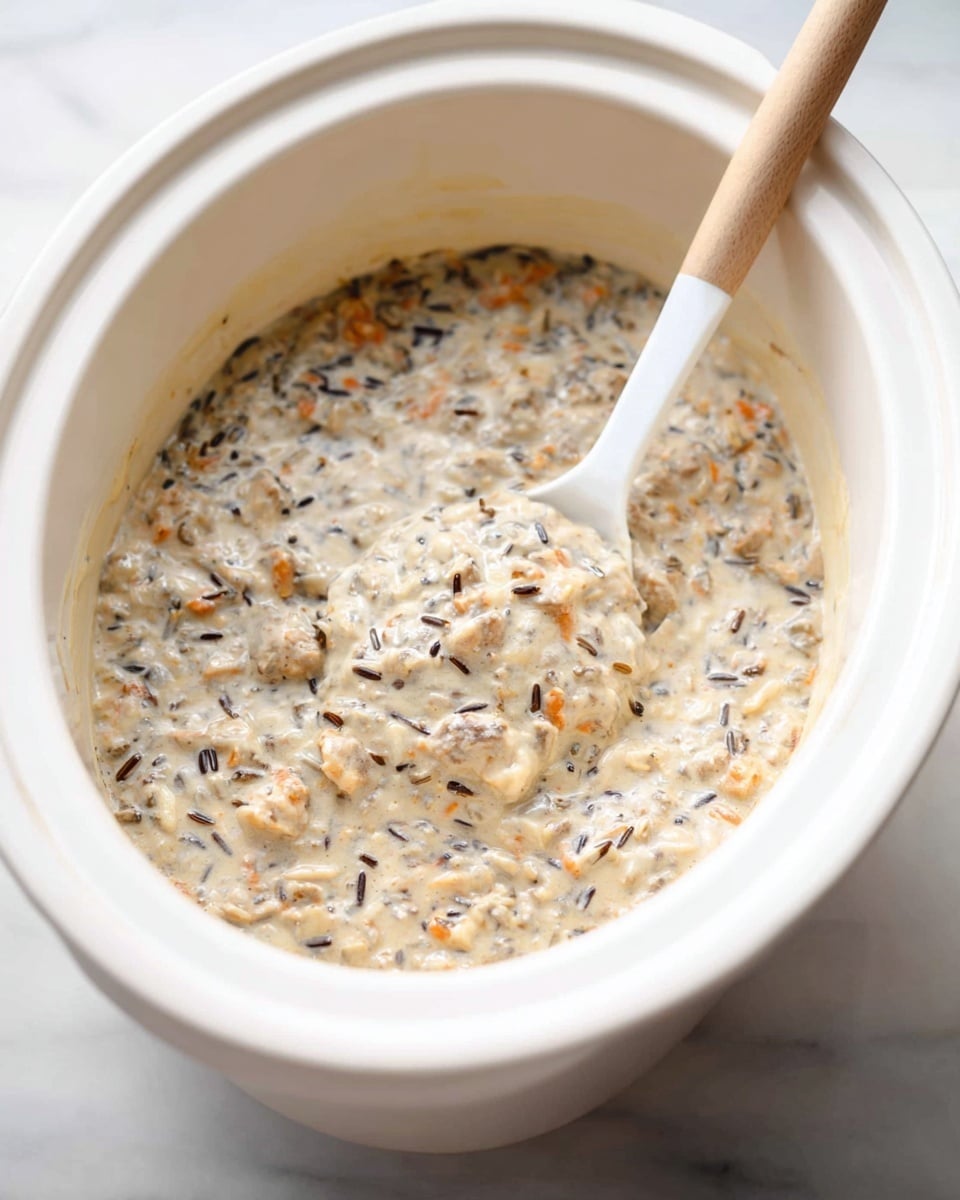 A gray bowl filled with creamy soup that has visible pieces of wild rice and small orange carrot bits floating in it. A woman's hand is dipping a piece of light brown bread with melted white butter on top into the soup. The background and surface are a white marbled texture. photo taken with an iphone --ar 4:5 --v 7