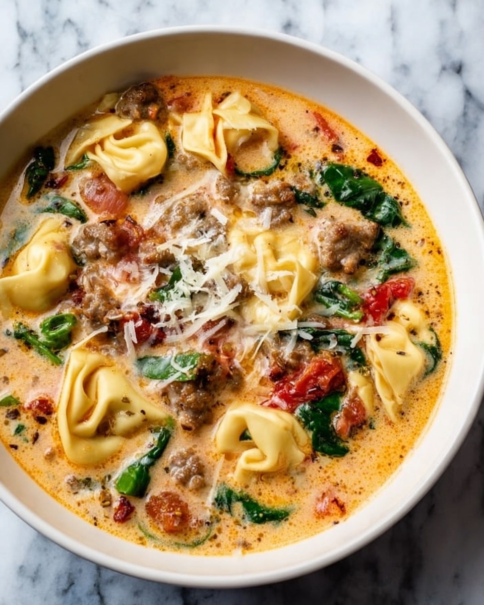 The image shows a close-up of a creamy soup in a black pot, filled with five layers of ingredients. The first layer is a light orange creamy broth with small oil drops on the surface. The second layer contains soft, yellow tortellini pasta shaped like small rings or ears floating near the top. The third layer features small pieces of cooked, brown meat mixed evenly through the soup. The fourth layer has chunks of red tomato scattered throughout. The final layer is fresh, dark green spinach leaves sitting on top and mixed in. A silver spoon lifts a portion of the soup, showing all these layers together in one scoop. The background has a white marbled texture. photo taken with an iphone --ar 4:5 --v 7