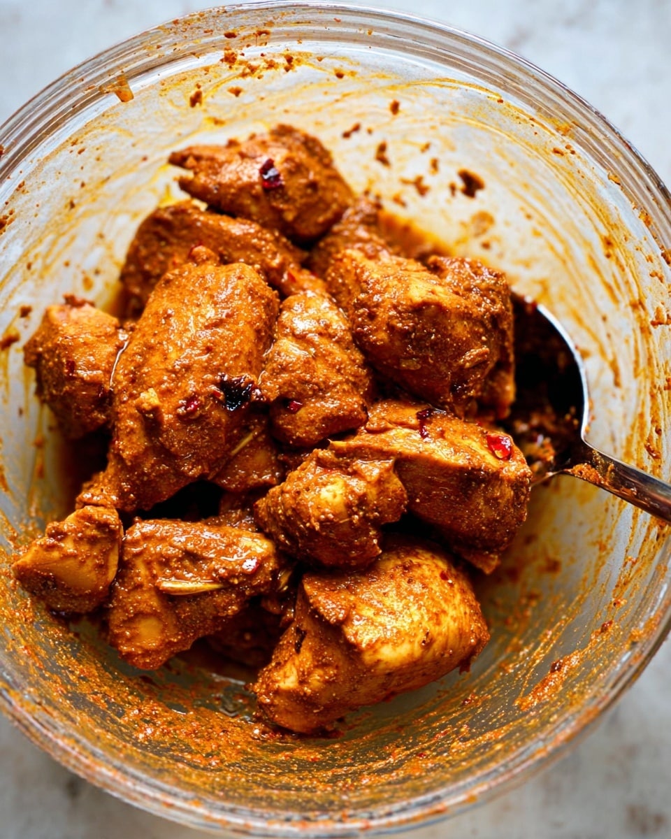 The image shows multiple thick pieces of reddish-brown marinated chicken coated in a rich, textured spice mix inside a clear glass bowl. The marinade has a slightly oily shine and some visible small chili flakes scattered on the chicken. A metal spoon with a bit of marinade on it rests inside the bowl on the right side, partly submerged in the chicken. The bowl is placed on a white marbled surface, with some marinade residue splattered around inside the bowl, showing the preparation process. Photo taken with an iphone --ar 4:5 --v 7