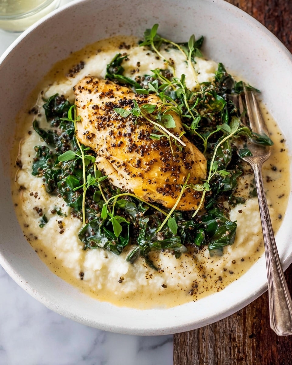 A white bowl contains a creamy white mash as the bottom layer, topped with dark green sautéed leafy vegetables scattered around. On top of the greens lies a single golden brown cooked chicken piece with visible seasoning and mustard seeds, partially covered by a light creamy sauce that also spreads around the bowl. Small fresh green herb sprigs are placed on top as garnish. A fork is resting on the right side of the bowl, and the bowl is set on a white marbled texture. Photo taken with an iphone --ar 4:5 --v 7