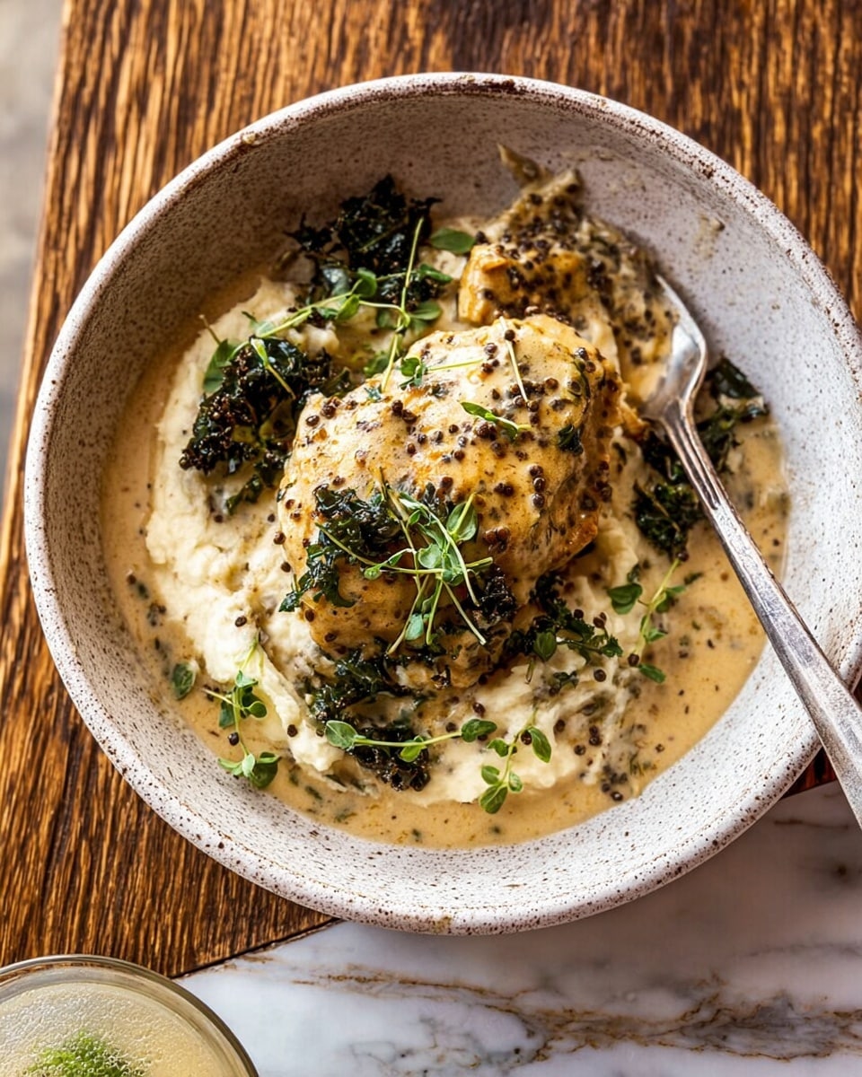 A white speckled bowl holds a creamy, light beige mashed base that fills the bottom, topped with a single, golden-brown cooked piece of chicken partially covered in a creamy mustard sauce with visible mustard seeds. Scattered around the chicken and sauce are dark green wilted leafy herbs and small sprigs of fresh herbs adding texture and color contrast. A silver fork is inserted into the chicken on the right side of the bowl. The bowl sits on a wooden surface with a white marbled texture beneath it, and a glass with a drink is seen at the bottom of the image. photo taken with an iphone --ar 4:5 --v 7