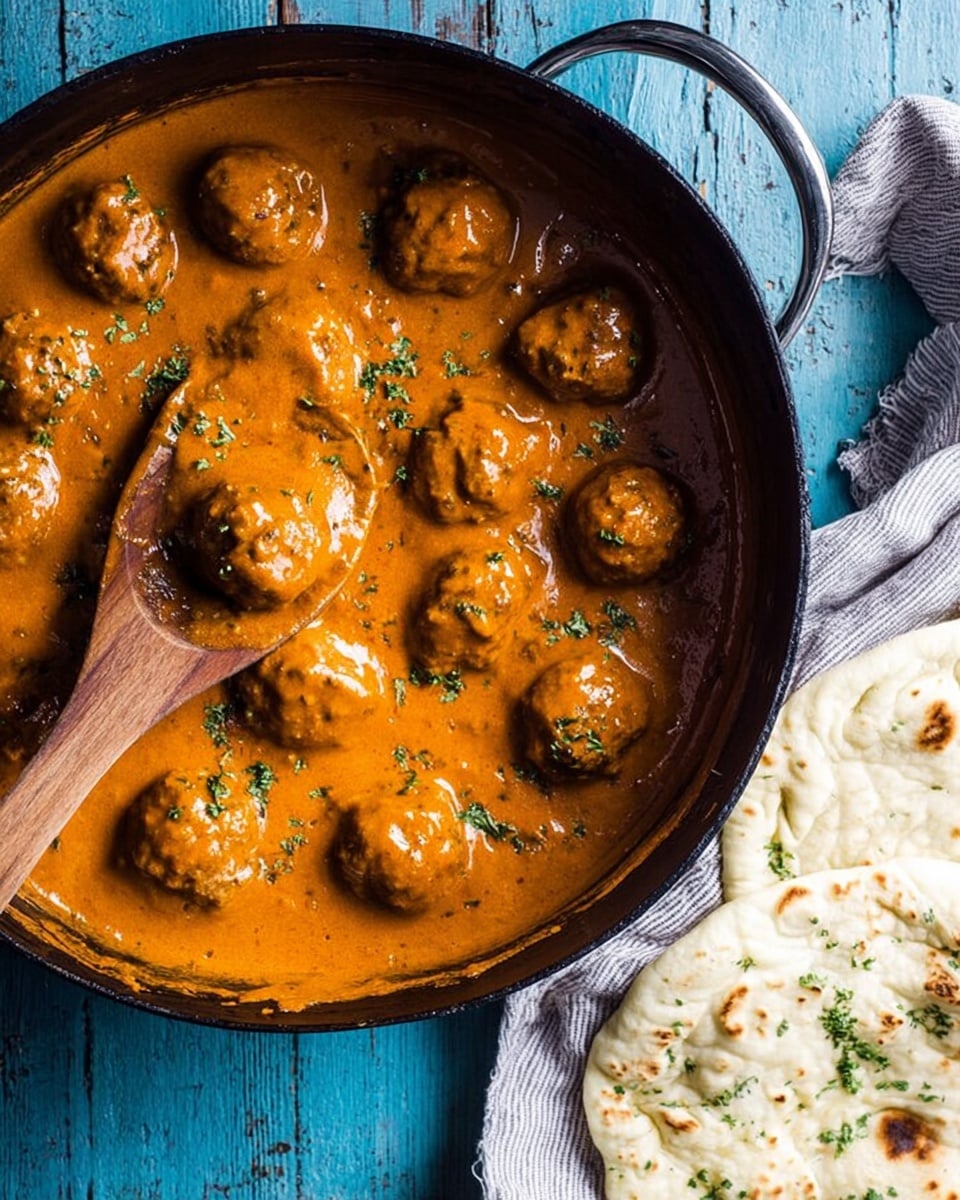A large black pot filled with round meatballs covered in thick, smooth orange sauce, garnished with small green herb pieces scattered on top. A wooden spoon is partially immersed in the sauce on the left side, slightly lifting one meatball. On the right side near the pot, there are two flat white breads with light brown spots and small green herb flecks on a light cloth. The pot is placed on a blue wooden surface. Photo taken with an iphone --ar 4:5 --v 7
