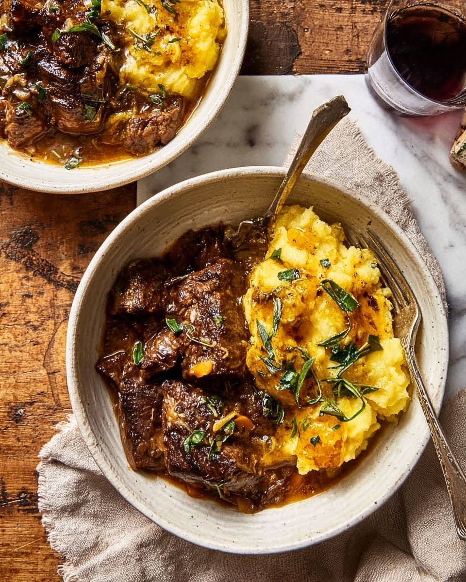 The image shows two white bowls on a white marbled surface, each filled with a layered meal. The bottom layer has a dark, rich, brown meat stew with visible herbs and a glossy sauce. On the right side within each bowl, there’s a golden-yellow mashed potato layer with some crispy, browned spots and scattered green herb leaves on top. A silver fork is resting inside the larger bowl, partially digging into the mashed potatoes and meat. The setting includes a rustic wooden table in the background and a beige cloth napkin under the bigger bowl. Photo taken with an iphone --ar 4:5 --v 7