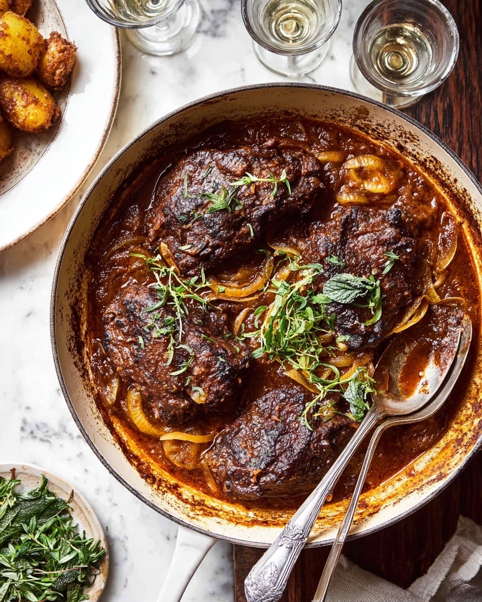 The image shows a white pan filled with four dark brown, crispy cooked steaks sitting in a thick golden-brown sauce with visible pieces of cooked onions and small green herb leaves sprinkled on top. To the top right, there is a white bowl filled with golden roasted potatoes mixed with crispy sage leaves, showing a mix of crunchy and soft textures. Next to the bowl, two clear glasses filled with a pale liquid are placed on a wooden surface. The background is a warm wooden texture with scattered small green herb leaves, and a white plate with more fresh green herbs is partially visible at the bottom right. photo taken with an iphone --ar 4:5 --v 7