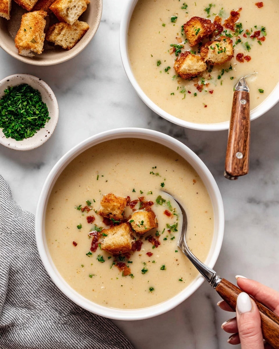 The image shows two white bowls filled with creamy beige soup. Each bowl has three golden-brown croutons floating on top, sprinkled with small bits of red seasoning and finely chopped green herbs. In the bottom bowl, a silver spoon with a wooden handle is partially dipped in the soup, held by a woman's hand. To the left of the bowls, there is a small white bowl with more croutons and a small beige bowl filled with finely chopped green herbs, all placed on a white marbled surface. A grey and white striped cloth is partially visible near the bottom left corner of the image. Photo taken with an iphone --ar 4:5 --v 7