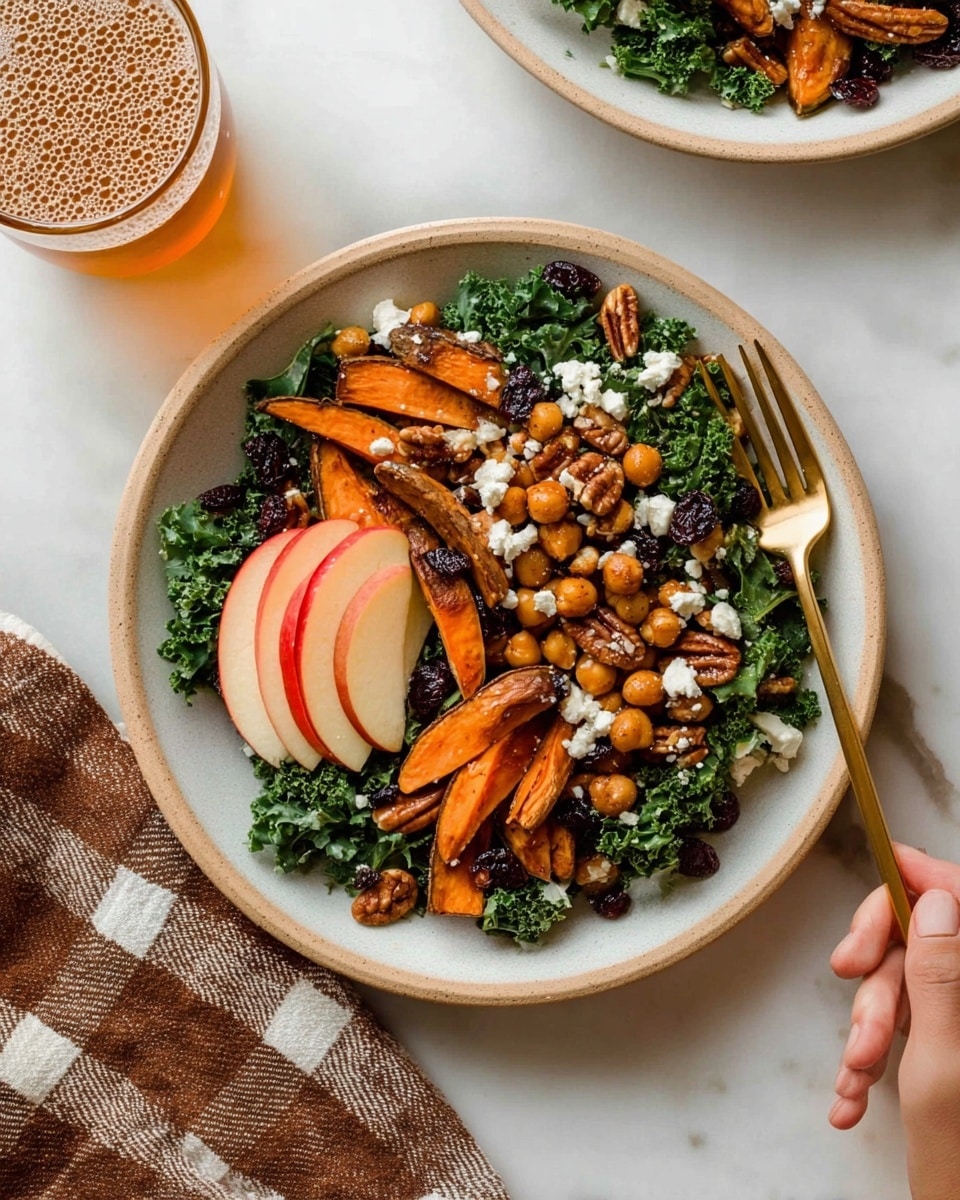 A salad is shown in a white plate with a beige rim on a white marbled surface. The salad has three main layers: the bottom layer is dark green kale leaves, the middle layer includes orange roasted sweet potato wedges and light brown chickpeas scattered evenly, and the top layer features thin slices of red and white apple, dark brown pecans, small white cheese crumbles, and some dark raisins spread around. A gold fork rests on the lower right edge of the plate, and a woman’s hand lightly touches it. In the upper left corner, part of a glass with a light brown drink and bubbles is visible. A brown and white checkered cloth is placed next to the plate. photo taken with an iphone --ar 4:5 --v 7