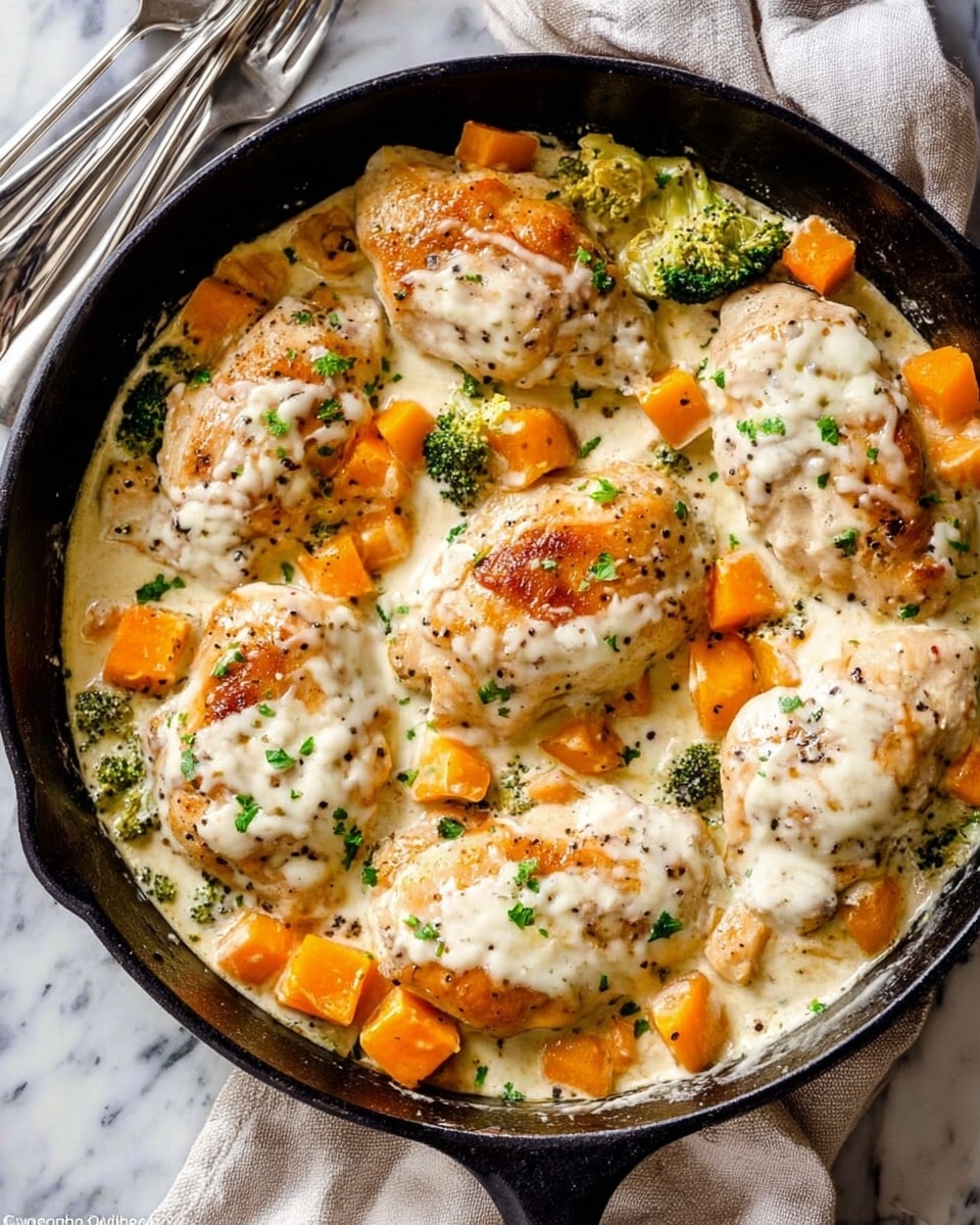 A black skillet filled with a creamy light beige sauce covers six pieces of cooked chicken that have a light golden brown color. Scattered throughout are bright orange chunks of carrots and green broccoli florets, adding color contrast. Small bits of white cheese are sprinkled over the dish, with tiny green parsley leaves for garnish. The skillet is placed on a white marbled surface with a checkered cloth underneath. Nearby is a white plate with silver forks and knives, and a small bowl of chopped green herbs. Photo taken with an iphone --ar 4:5 --v 7