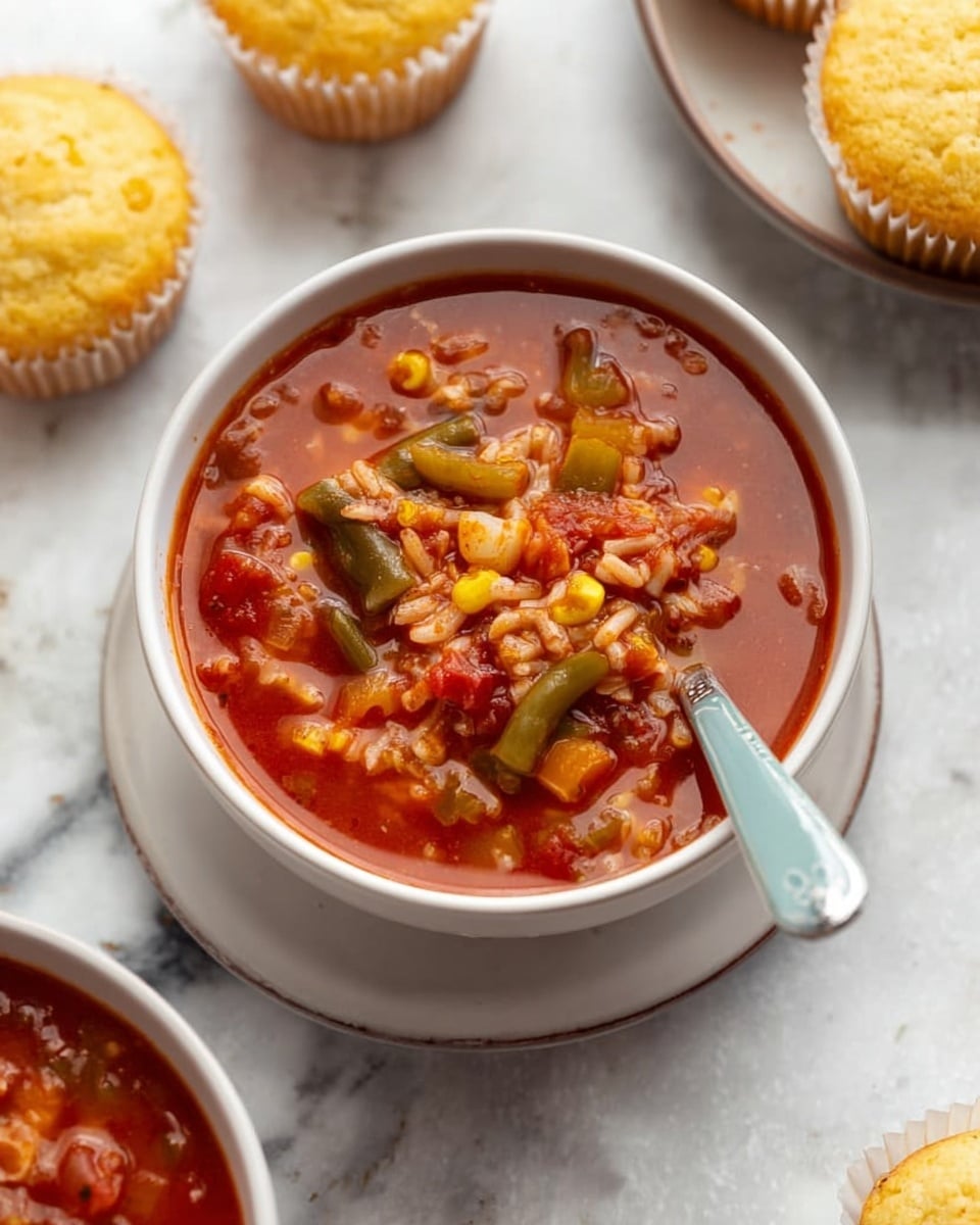 A white bowl filled with a thick soup that has a red tomato base and visible pieces of shredded chicken, green beans, corn, and small diced carrots, with a few green herb leaves floating on top; a silver spoon is resting inside the bowl. Behind the bowl, there are two golden-yellow muffins in white paper liners placed on a white plate. The surface underneath is a white marbled texture. Photo taken with an iphone --ar 4:5 --v 7