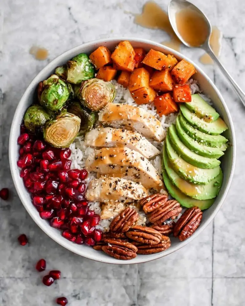Harvest Bowls with Roasted Vegetables, Grilled Chicken, and Kale Salad Recipe