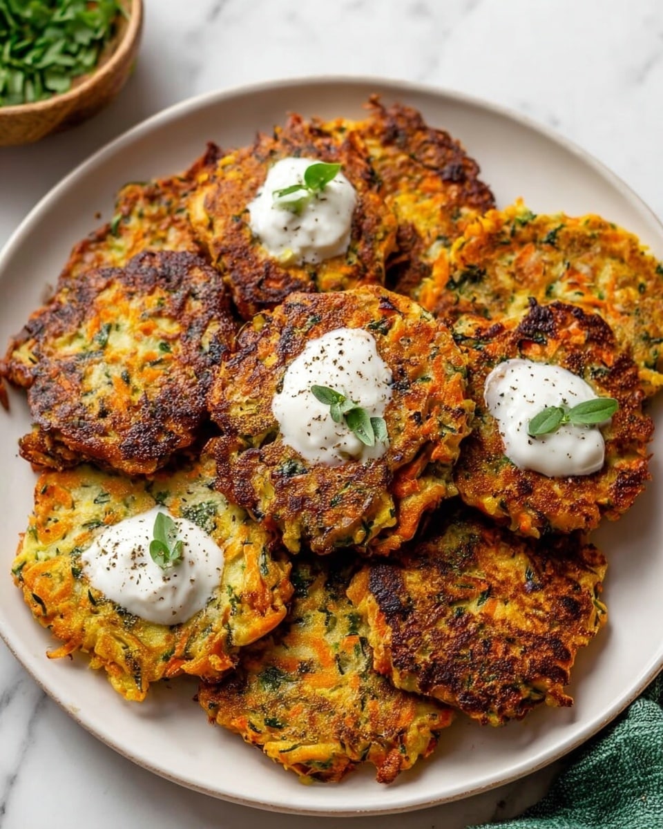 A white plate holds a stack of eight golden-brown vegetable fritters with visible bits of green herbs and orange vegetables, arranged in a slightly overlapping circular pattern. Each fritter has a crispy, textured surface with some darker brown edges, showing a mixture of colors from the cooked vegetables inside. Three of the fritters are topped with a small dollop of white creamy sauce, speckled with black pepper and garnished with a small green herb leaf. The plate is set on a white marbled surface, with parts of a green cloth and a bowl of fresh green herbs slightly visible near the edges. Photo taken with an iphone --ar 4:5 --v 7