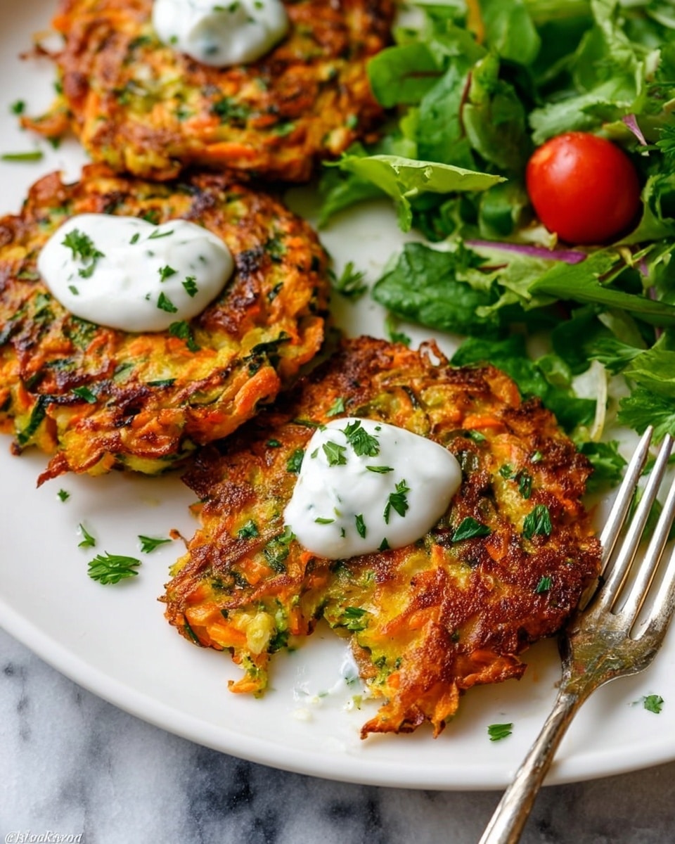 The image shows three golden brown vegetable fritters with a crispy texture on a white plate. Each fritter has a small dollop of white creamy sauce on top, with some green herbs sprinkled over and around them. The fritters have a mix of orange, green, and light brown colors from the vegetables inside. To the right side of the plate, there is a fresh green salad with leafy greens and a single red cherry tomato. A silver fork with a portion of one fritter is visible on the plate. The background surface is white marble. Photo taken with an iphone --ar 4:5 --v 7