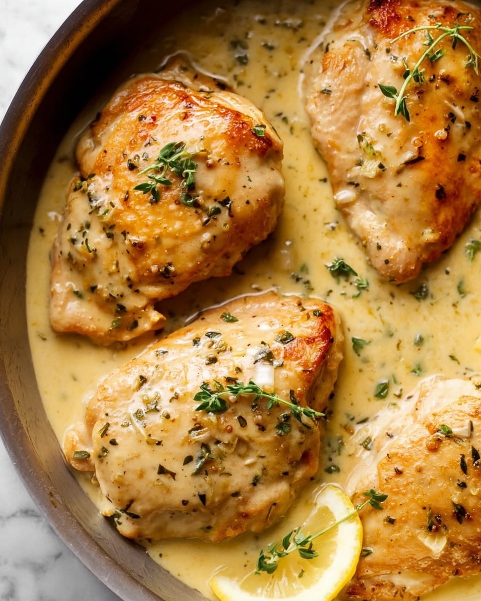 The image shows a white plate with three main parts: in the front, there are two pieces of chicken covered with a light brown creamy sauce with small herbs on top; one piece is whole, and the other is sliced to show the inside. Behind the chicken, there is a mound of mixed brown and wild rice topped with a yellow lemon wedge. To the right side of the plate, there are a few bright green asparagus stalks. The plate is on a white marbled surface. photo taken with an iphone --ar 4:5 --v 7