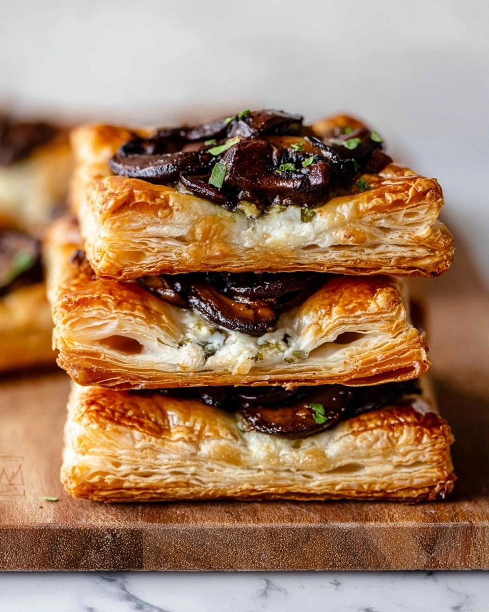 The image shows a close-up of several rectangular puff pastry tarts arranged closely on a white marbled surface. Each tart has a golden brown, flaky puff pastry base with slightly puffy edges forming a shallow border. On top, there is a layer of dark brown cooked mushroom slices, layered thickly and slightly overlapping, creating a rich, textured surface. Small bits of crumbled white cheese are scattered unevenly over the mushrooms, adding contrast and a creamy look. Tiny green herbs are also sprinkled sparsely on some tarts for a fresh touch. The overall look is rustic and appetizing, with the golden pastry and dark mushrooms creating strong color contrasts photo taken with an iphone --ar 4:5 --v 7