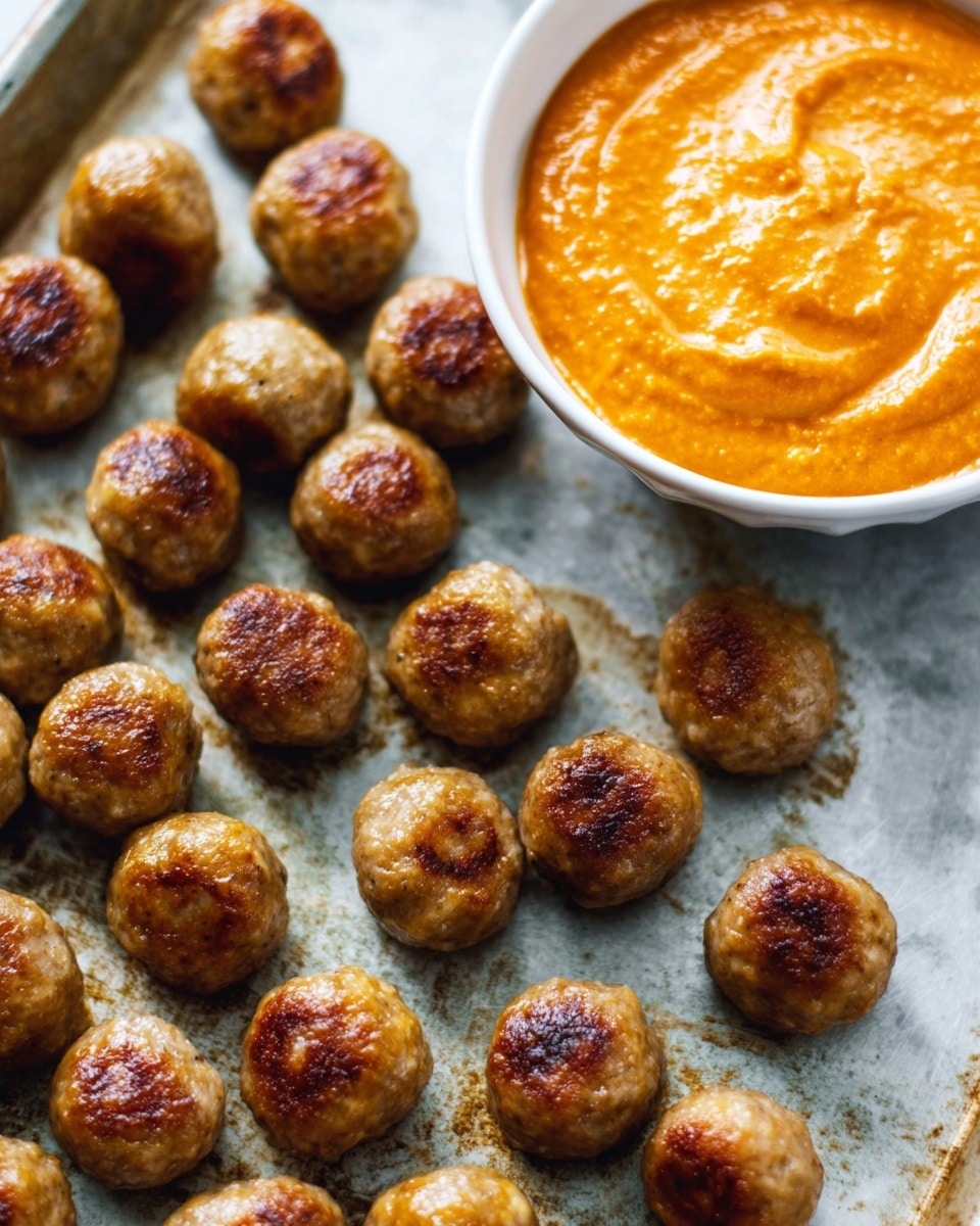 A close-up of a silver fork holding a small, golden-brown meatball with a soft and light inside visible from a bitten part, in the background there are more round meatballs lying on a white marbled surface, along with a white bowl filled with orange-colored dipping sauce. The meatballs have a slightly crispy outer texture while the inside looks tender and fluffy. photo taken with an iphone --ar 4:5 --v 7