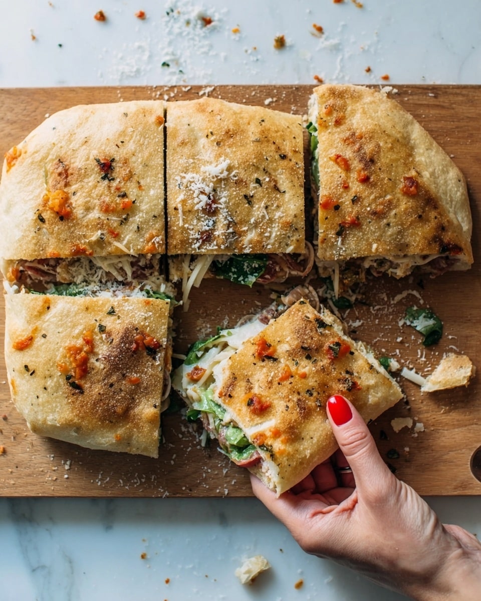 A sandwich is shown on a wooden board with six square pieces. The top layer is a light golden-brown flatbread with small orange tomato bits and some grated cheese sprinkled on it. Inside the sandwich, you can see layers of green leafy vegetables and light-colored slices of meat or cheese. A woman's hand with red nail polish is holding one piece from the bottom right corner, and some crumbs lie around the board. The background surface is a white marbled texture. Photo taken with an iphone --ar 4:5 --v 7