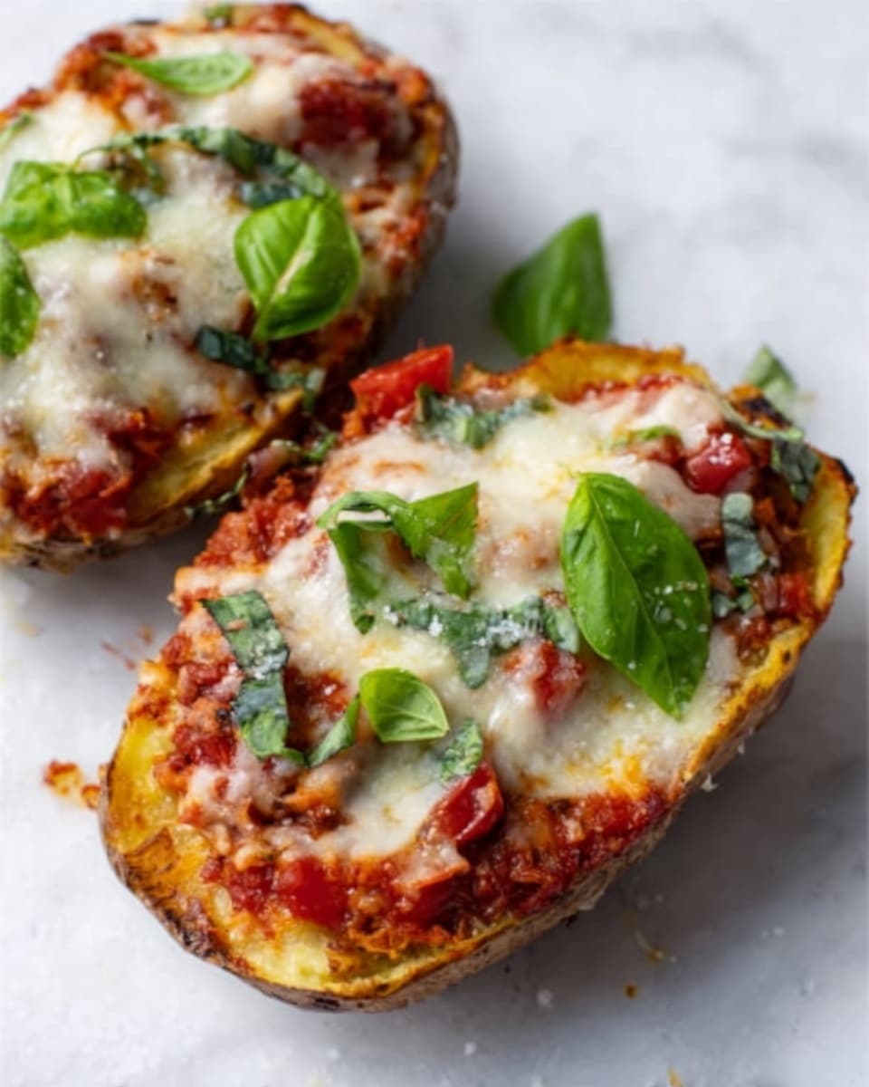 The image shows two stuffed baked potato halves on a white marbled surface. Each potato is golden brown with crispy edges and filled with layers of red tomato sauce, fresh green basil leaves, small chunks of tomato, and a generous topping of melted white cheese that looks soft and creamy. The cheese is spread unevenly, with some areas bubbling slightly. The colors of red, green, and white create a fresh and vibrant look in each potato shell. Photo taken with an iphone --ar 4:5 --v 7