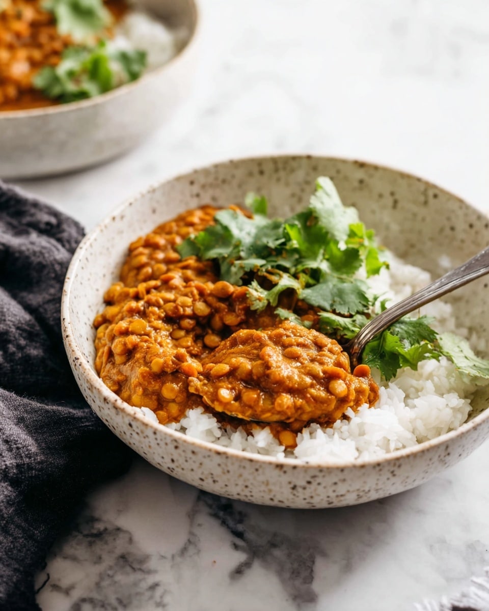 A white speckled bowl on a white marbled surface holds a serving of white rice topped with a thick, soft textured brown lentil curry. The curry covers about half of the rice and is topped with fresh green cilantro leaves. A silver spoon scoops some lentils from the curry, showing the dense texture and rich color. In the background, there is a blurred view of another bowl with the same dish, and a dark gray cloth napkin is placed nearby. Photo taken with an iphone --ar 4:5 --v 7