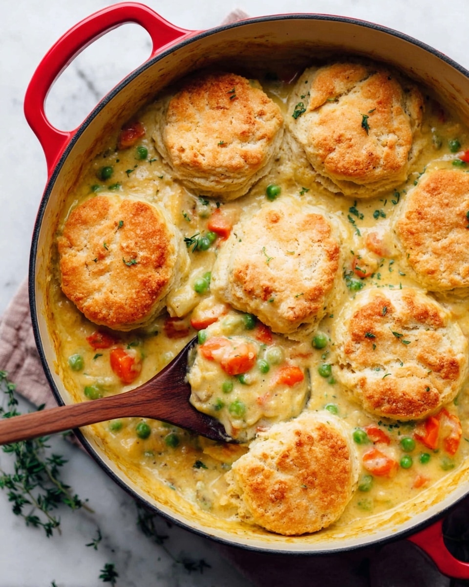 The image shows a clear glass baking dish filled with a creamy vegetable mixture layered at the bottom, containing chopped pieces of green herbs, white sauce, and scattered small red vegetable bits. On top, there are eight golden brown biscuit-like rounds evenly spaced, with a rough, craggy texture on their top and sides, rising about one layer above the creamy base. The dish is placed on a white marbled surface with a blue cloth partially visible on the side. Photo taken with an iphone --ar 4:5 --v 7