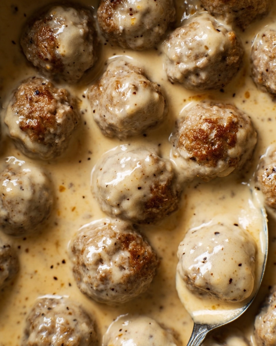 A white bowl filled with a creamy beige mashed potato base spread evenly as the bottom layer, topped with four round brown meatballs covered in a smooth, light beige creamy sauce with black pepper sprinkled on top. To the right side inside the bowl, there is a small pile of thin, green cucumber slices with a fresh, moist texture, and next to the cucumber, a dollop of dark purple jam-like sauce with a glossy finish. A fork rests on the left edge of the bowl. The bowl is placed on a white marbled surface with a sprig of fresh green thyme on the left and an orange cloth nearby. In the upper right corner, part of a white baking dish is visible, showing more meatballs covered in the same creamy sauce. photo taken with an iphone --ar 4:5 --v 7