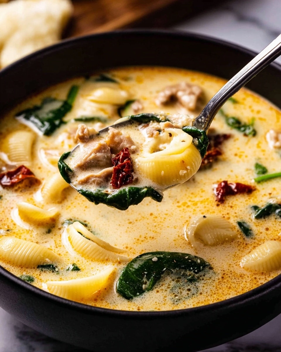 The dish is a creamy soup served in a black bowl placed on a white marbled surface. The soup has a light orange-yellow creamy broth with visible chunks of small shell pasta, pieces of light brown meat, dark green spinach leaves, and dark red sun-dried tomatoes. A spoon is scooping a portion of the soup, showing the same ingredients clearly within the creamy liquid. The texture of the soup is smooth with a few small bubbles and a rich look. photo taken with an iphone --ar 4:5 --v 7