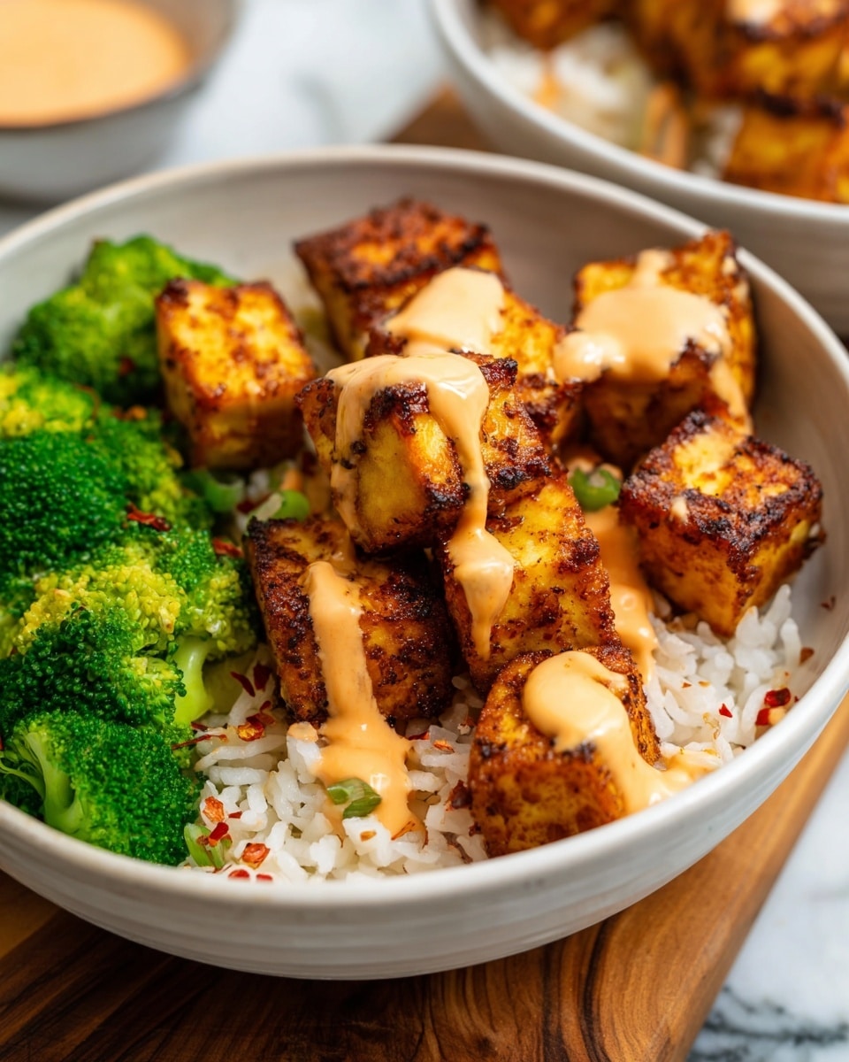 The dish shows a white bowl filled with three layers: bright green broccoli florets on the right side, white rice with small red flakes spread evenly at the bottom, and crispy browned seasoned tofu cubes stacked in the center, each cube covered with a smooth light orange sauce drizzled across the top. The bowl rests on a wooden surface with another similar tofu piece blurred in the background on a white marbled texture. photo taken with an iphone --ar 4:5 --v 7