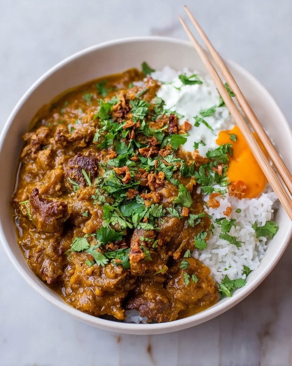 A white bowl filled with a base layer of white rice, topped with thick, brown curry with visible chunks of meat or vegetables in it. The curry is garnished with chopped green cilantro and small fried crispy bits scattered on top. On one side of the bowl, there is a dollop of white yogurt next to a small amount of bright orange sauce. The bowl sits on a white marbled surface, and a pair of light-colored chopsticks rest against the bowl. Photo taken with an iphone --ar 4:5 --v 7