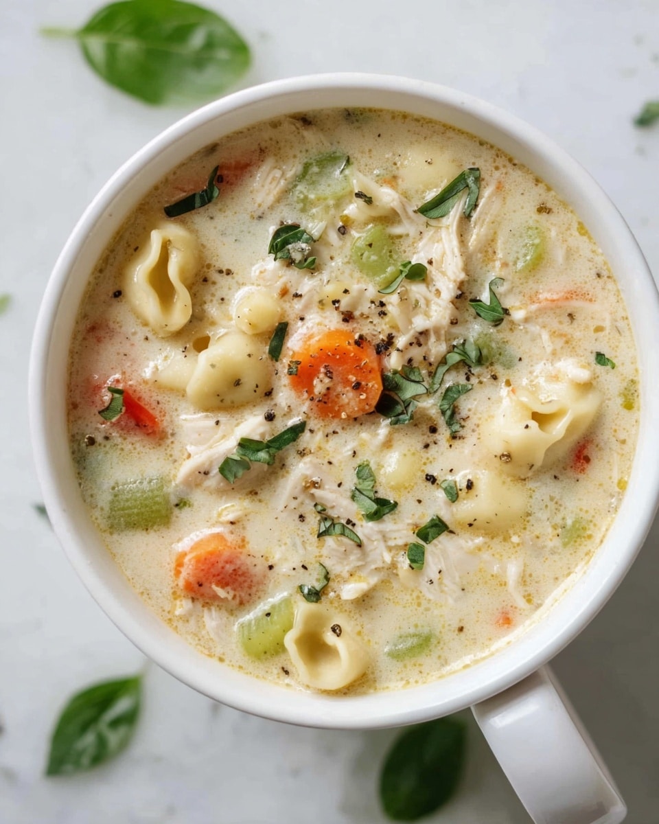 A white cup filled with a creamy soup showing multiple layers: a thick, light beige broth mixed with small, soft pieces of shredded white chicken, orange carrot cubes, bright green celery slices, and small pasta shells. On top, small fresh green herb leaves and black pepper specks add texture. The cup is placed on a white marbled surface scattered with a few green leaves nearby. Photo taken with an iphone --ar 4:5 --v 7