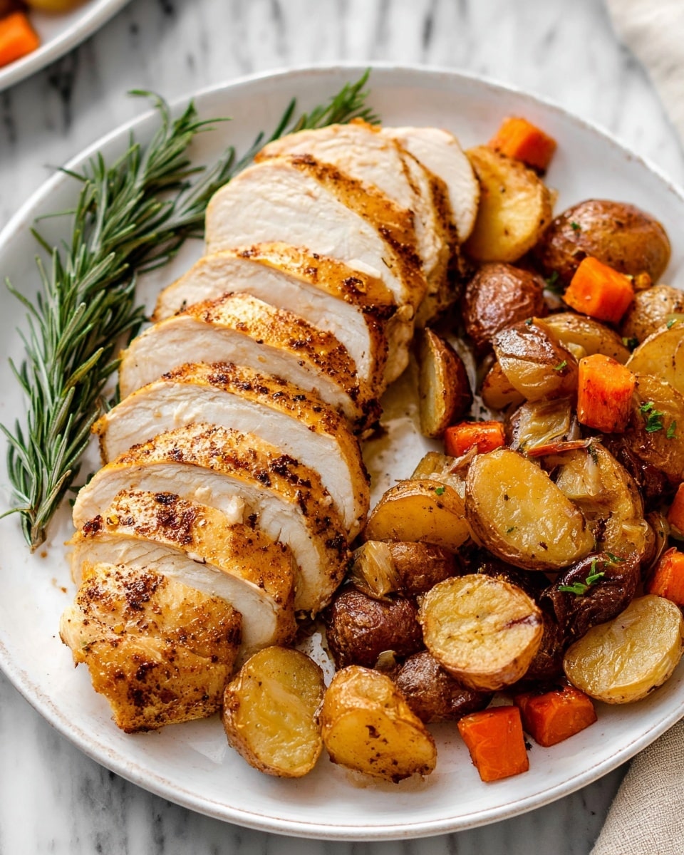 A white plate with five thick slices of golden brown roasted chicken arranged on the left side, showing juicy white meat inside and a crispy seasoned skin on top, garnished with two sprigs of fresh green rosemary beside it. On the right side of the plate are roasted baby potatoes with golden brown crispy edges mixed with orange carrot chunks and small pieces of cooked onion. The whole dish sits on a white marbled surface, and the lighting highlights the warm colors and textures in the meal, photo taken with an iphone --ar 4:5 --v 7