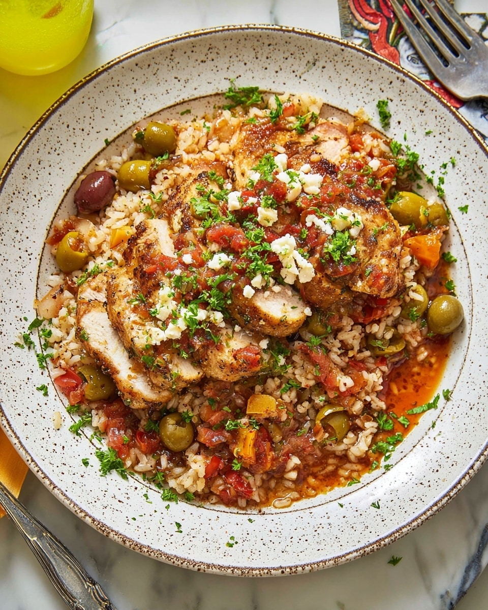 The dish shows a white speckled plate filled with a base layer of cooked rice mixed with small round slices of green olives and bits of red and orange vegetables, all seasoned and slightly glossy. On top, there are four thick slices of cooked, golden-brown meat arranged side by side, each slice topped with a chunky sauce made of finely chopped tomatoes, herbs, and small white cheese crumbs. Fresh green parsley is sprinkled over the whole plate, adding a bright color contrast. The plate is on a white marbled surface, and part of a fork and a yellow drink are visible nearby. Photo taken with an iphone --ar 4:5 --v 7