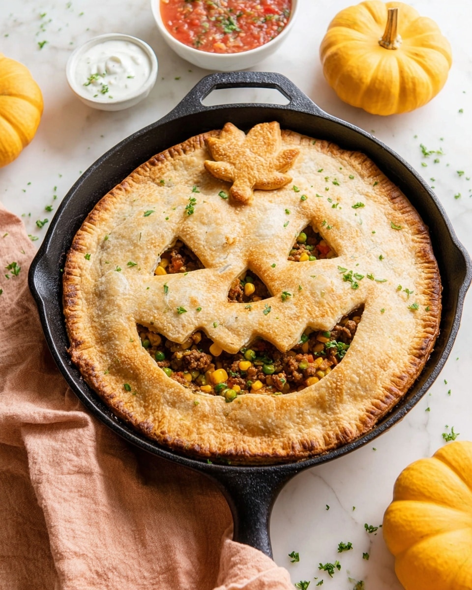 The image shows a black cast iron pan with a golden brown pie crust on top, shaped like a smiling jack-o'-lantern with triangular eyes, nose, and a wide mouth cut out to reveal a colorful filling beneath. The filling has visible layers of cooked ground meat mixed with corn kernels and bits of green herbs, placed directly under the crust. On top of the crust near the edge, there is a small pastry piece shaped like a leaf and some chopped green herbs sprinkled. The pan is set on a white marbled surface with a light peach cloth partially under the handle on the left. In the background, there are two small white bowls – one filled with red salsa and the other with white sour cream – and two small orange-yellow pumpkins. Scattered bits of chopped green herbs decorate the surface around the pan photo taken with an iphone --ar 4:5 --v 7