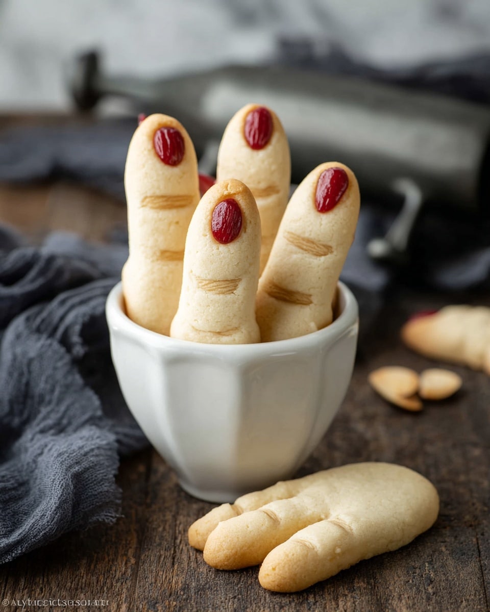 The image shows a white cup filled with six finger-shaped cookies standing upright. Each cookie looks like a pale, slightly golden finger with three small indent lines near the middle and an almond on top acting as a fingernail, placed on a small circle of red icing. Two similar cookies lie flat on a dark wooden surface in front of the cup. The background is a white marbled texture with some dark grey cloth and a large dark grey tool visible behind the cup. Photo taken with an iphone --ar 4:5 --v 7