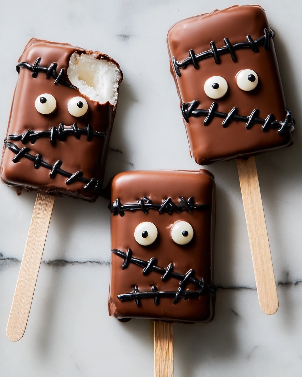 A square ice cream bar on a wooden stick is fully covered in smooth, shiny brown chocolate. It has detailed black icing lines running across it in an uneven pattern that looks like stitches, going from top left to bottom right. On the right middle side, there is a round white candy with a black dot in the center, surrounded by a black icing circle, resembling an eye. A small black icing line curves on the lower right edge like a sad mouth. The chocolate surface shows a small bite taken from the top left corner, revealing white ice cream inside. The background is a white marbled texture. photo taken with an iphone --ar 4:5 --v 7
